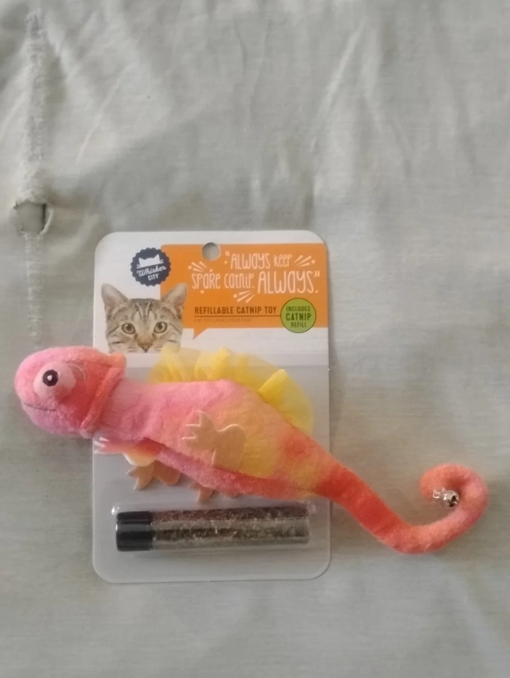 Refillable Pink & Yellow Catnip Chameleon Toy - Interactive Plush